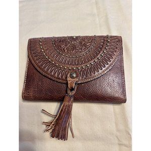 Patricia Nash Colli Brown Leather Trifold Tassel Wallet Stud Embellishments